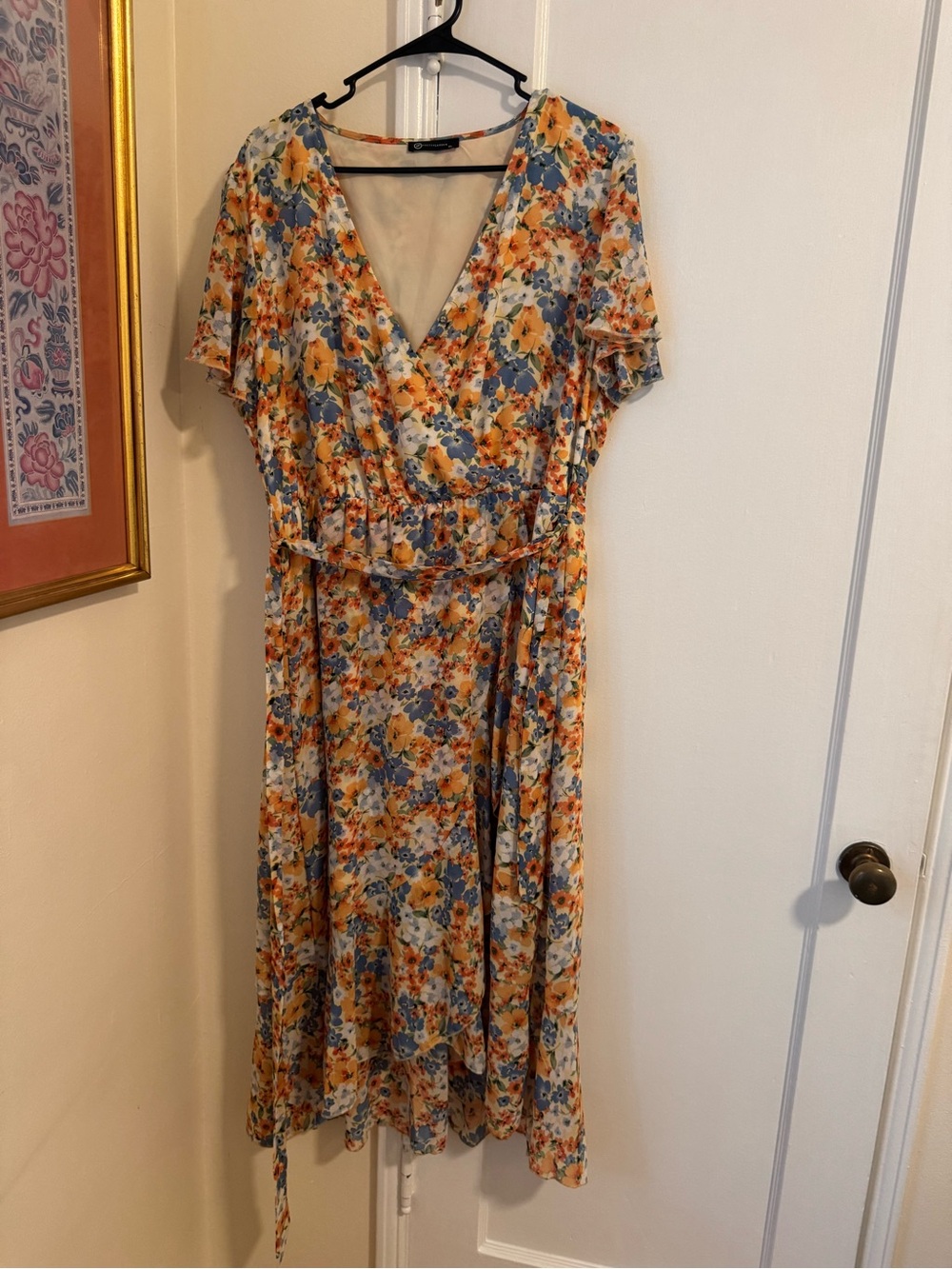 Floral V-Neck Wrap Dress in Yellow and Blue